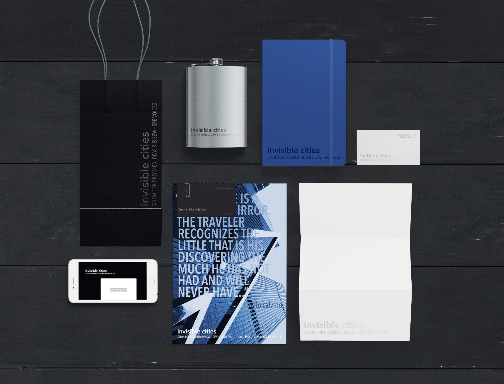 a set of branded materials for the Invisible Cities salon