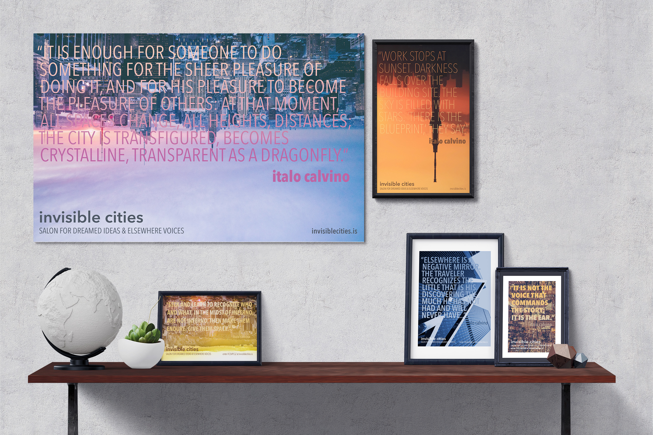 Mockup of posters and cards for the Invisible Cities salon