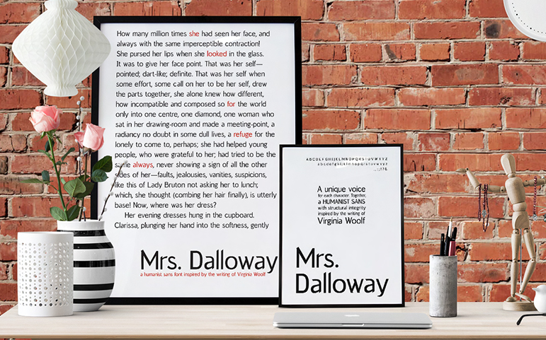 Mockup scene with posters designed using the Mrs. Dalloway typeface that I designed.