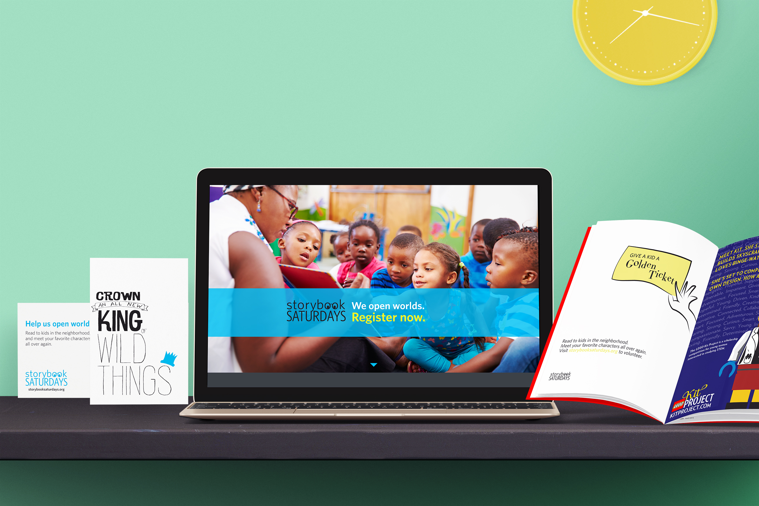 A mock-up scene of a magazine ad, postcard, and website for the Storybook Saturdays campaign